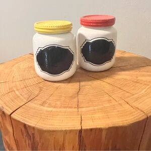Anthropologie Biscuit Glazed Ceramic Jars Coral Yellow Lid Chalkboard Storage
